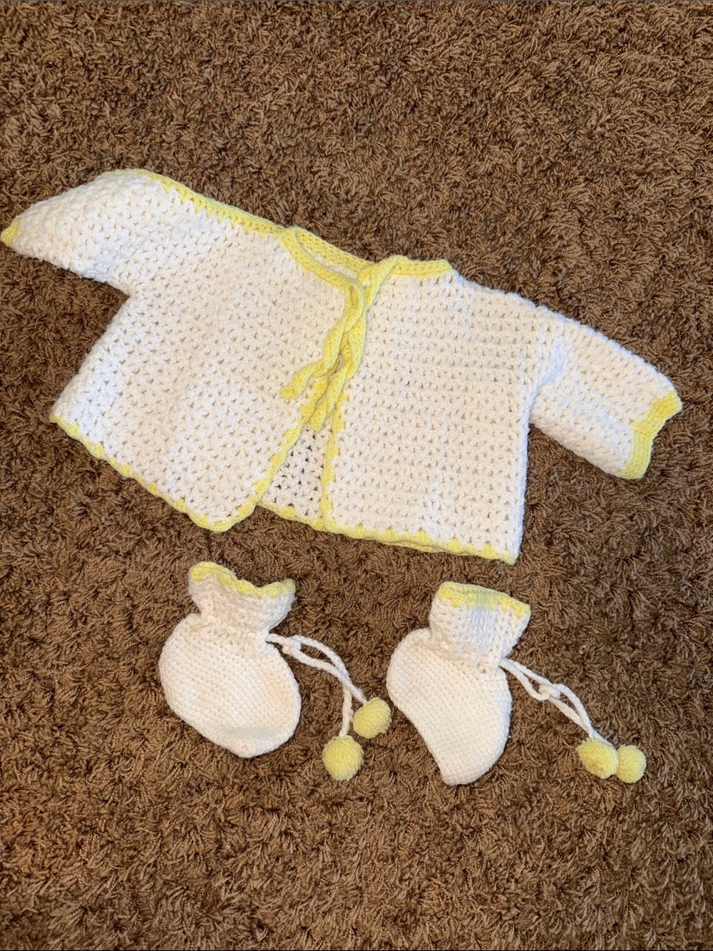 Vintage Handmade White & Yellow Baby Crochet Cardigan with Booties